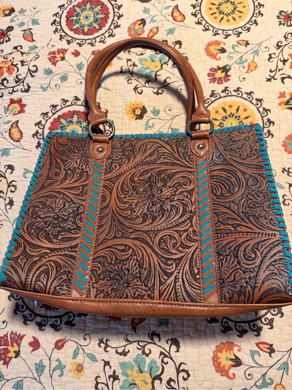 Montana West Brown Tooled Shoulder Bag with Turquoise Trim
